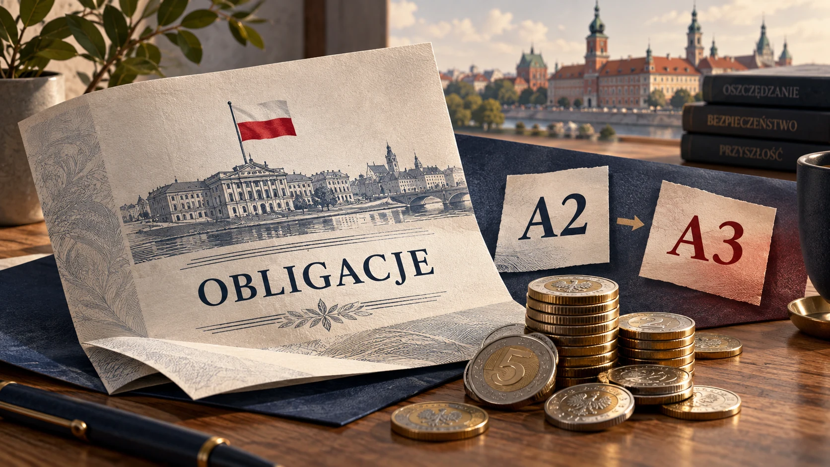 Ilustracja AI: symboliczny dokument obligacji, monety i karty z ocenami A2 oraz A3.