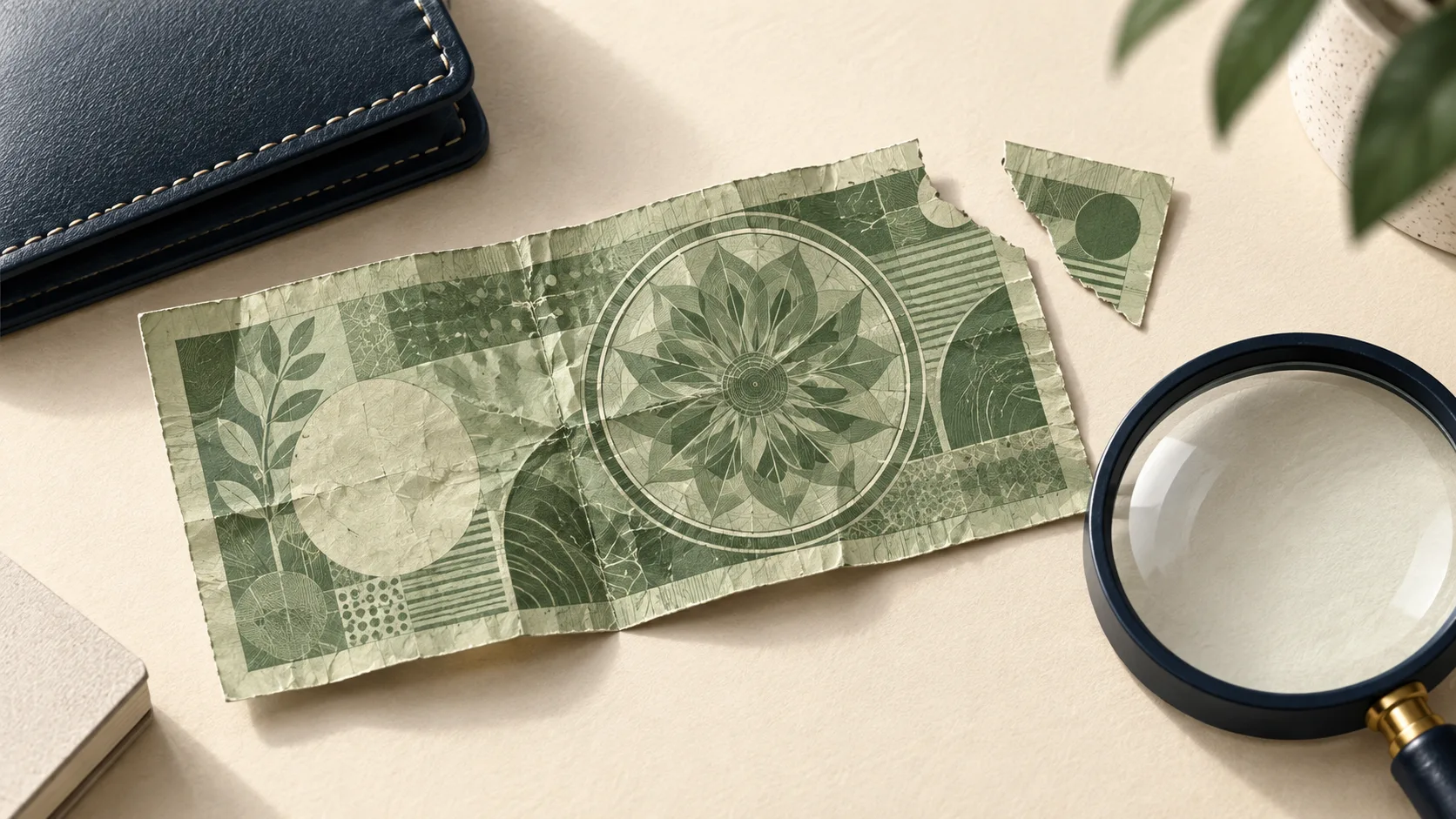 Ilustracja AI: umowny banknot z oderwanym rogiem, portfel i lupa. To nie jest wzór polskiego banknotu.