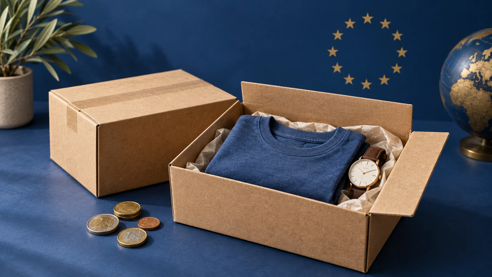 Ilustracja AI: paczki z koszulką i zegarkiem, monety euro i europejski motyw w tle.