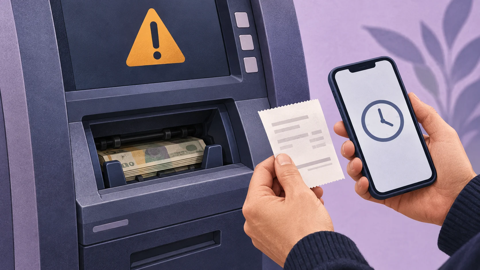 Ilustracja AI: wpłatomat z symbolem błędu oraz dłonie trzymające potwierdzenie i telefon.