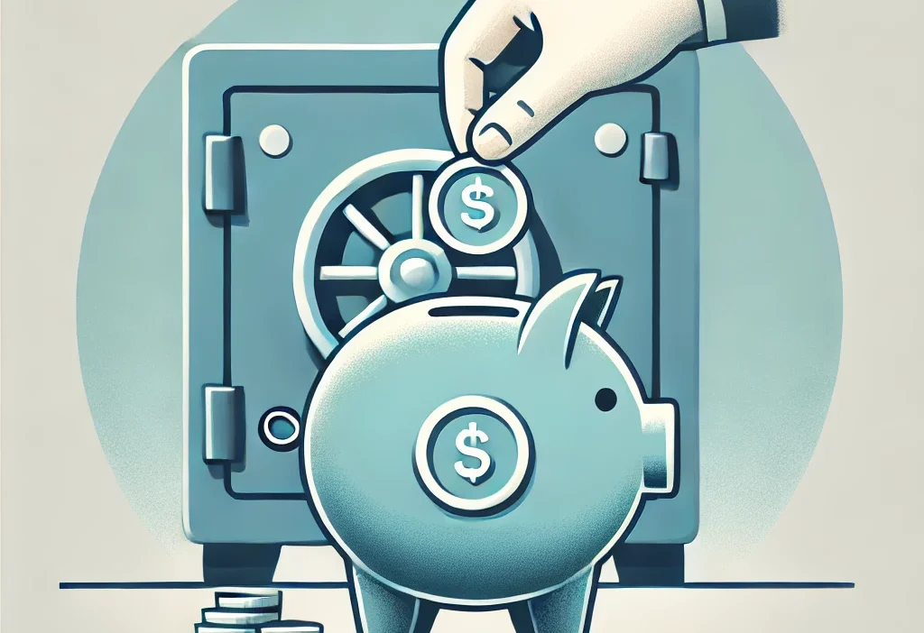 Ilustracja przedstawiająca skarbonkę wypełnianą monetami i sejf w tle, symbolizujące oszczędzanie i bezpieczeństwo finansowe.