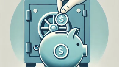 Ilustracja przedstawiająca skarbonkę wypełnianą monetami i sejf w tle, symbolizujące oszczędzanie i bezpieczeństwo finansowe.