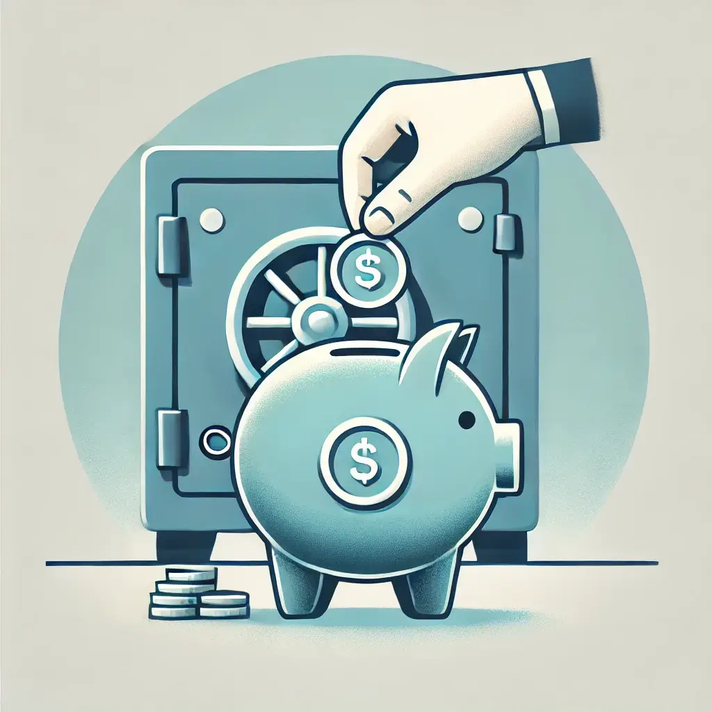 Ilustracja przedstawiająca skarbonkę wypełnianą monetami i sejf w tle, symbolizujące oszczędzanie i bezpieczeństwo finansowe.