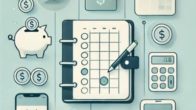 Minimalistyczna ilustracja przedstawiająca optymalizację budżetu domowego. Obrazek zawiera planner finansowy otoczony ikonami monet, skarbonki, kalkulatora i aplikacji mobilnej, symbolizując organizację i kontrolę finansów.