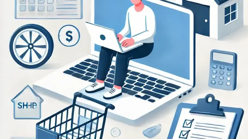 Ilustracja przedstawiająca kobietę pracującą na laptopie, siedzącą na klawiaturze, otoczoną symbolami finansów, zakupów online i budżetowania.