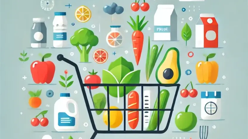 Ilustracja przedstawiająca wózek na zakupy wypełniony zdrową żywnością, otoczony ikonami warzyw, owoców i produktów spożywczych.