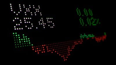 Zbliżenie na elektroniczną tablicę giełdową pokazującą notowania akcji i dynamiczne zmiany wartości w zielonych i czerwonych diodach LED.